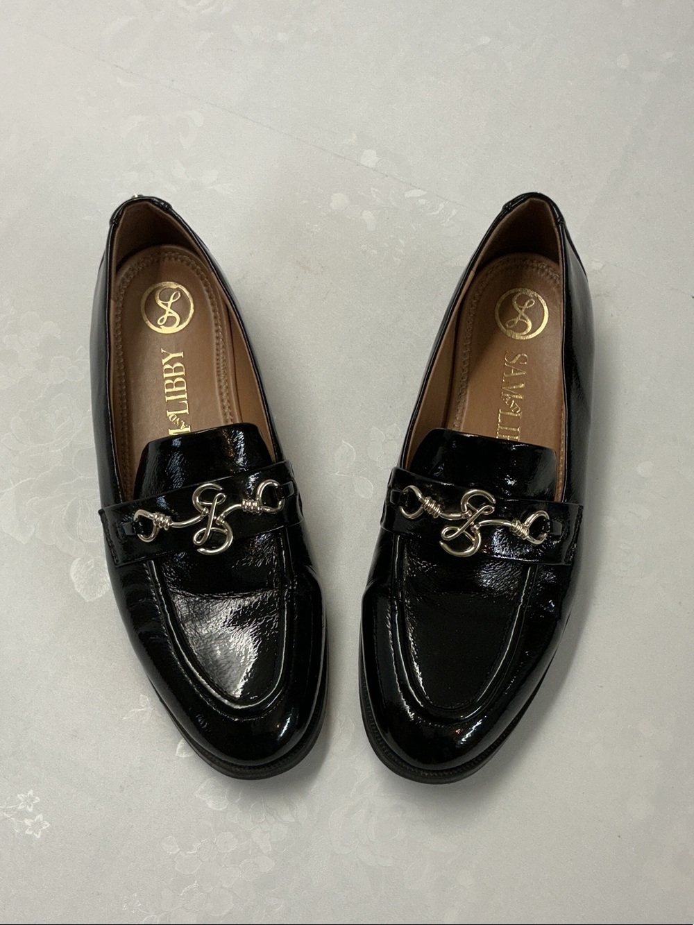 Black Patent Leather Loafers with Chain Accent